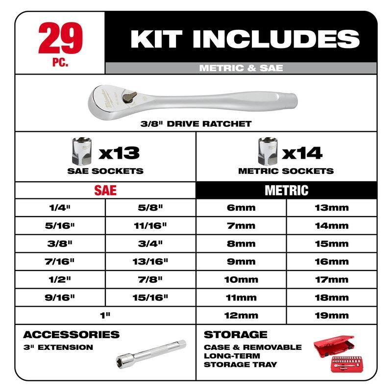 Milwaukee 48 - 22 - 9088 29pc 3/8in Drive Metric and SAE Ratchet and Socket Set with FOUR FLAT SIDES - Mississauga Hardware Centre Inc