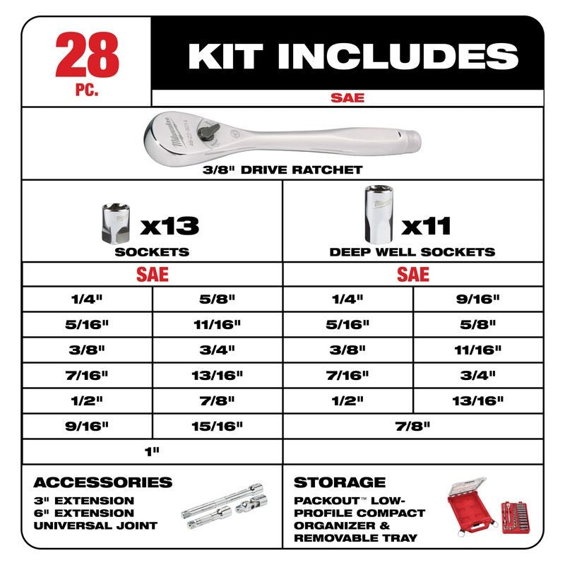 Milwaukee 48 - 22 - 9481 3/8in Drive 28pc Ratchet and Socket Set with PACKOUT Low - Profile Compact Organizer - SAE - Mississauga Hardware Centre Inc
