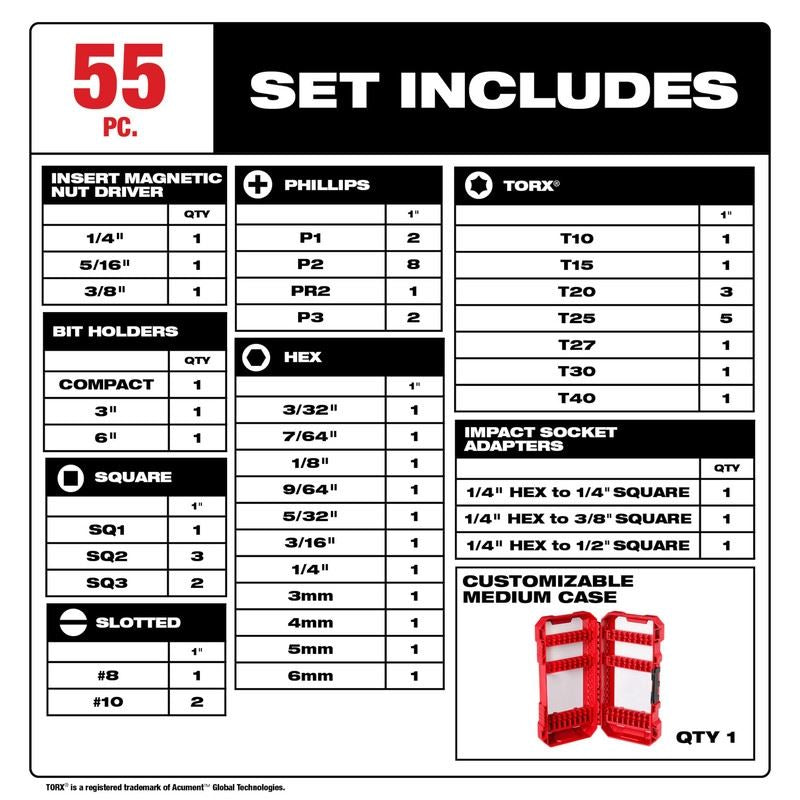 Milwaukee 48 - 32 - 4096 SHOCKWAVE Impact Duty Driver Bit Set - 55PC - Mississauga Hardware Centre Inc