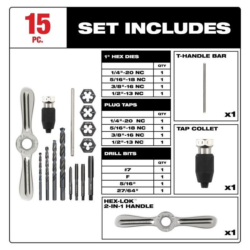 Milwaukee 49 - 22 - 5602 15PC SAE Tap and Die Set with Hex - LOK 2 - in - 1 Handle - Mississauga Hardware Centre Inc
