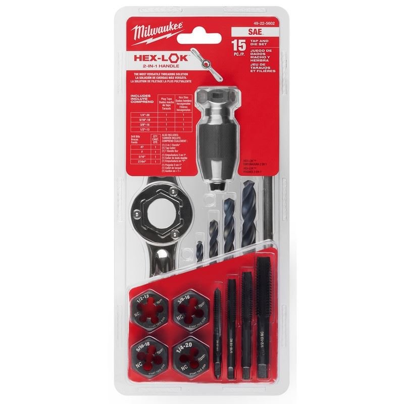 Milwaukee 49 - 22 - 5602 15PC SAE Tap and Die Set with Hex - LOK 2 - in - 1 Handle - Mississauga Hardware Centre Inc