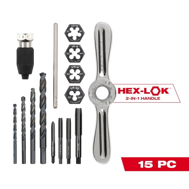 Milwaukee 49 - 22 - 5602 15PC SAE Tap and Die Set with Hex - LOK 2 - in - 1 Handle - Mississauga Hardware Centre Inc