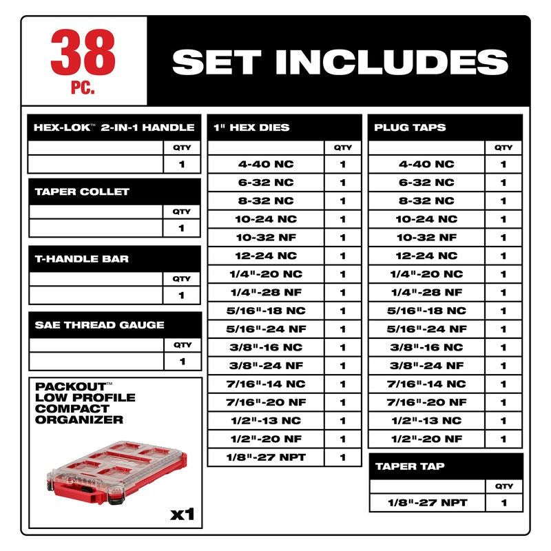 Milwaukee 49 - 22 - 5604 38PC SAE Tap and Die PACKOUT Set w/ Hex - LOK 2 - in - 1 Handle - Mississauga Hardware Centre Inc