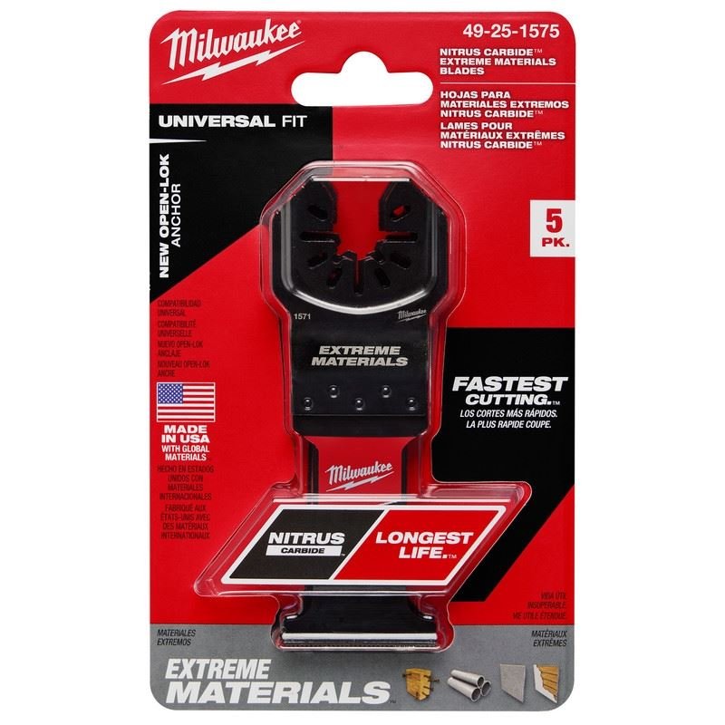 Milwaukee 49 - 25 - 1575 NITRUS CARBIDE Extreme Materials Universal Fit OPEN - LOK Multi - Tool Blade - 5pk - Mississauga Hardware Centre Inc
