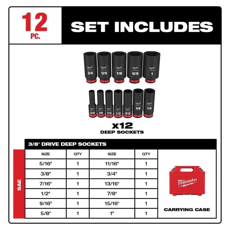 Milwaukee 49 - 66 - 7006 12PC SHOCKWAVE Impact Duty 3/8in Drive SAE Deep 6 Point Socket Set - Mississauga Hardware Centre Inc