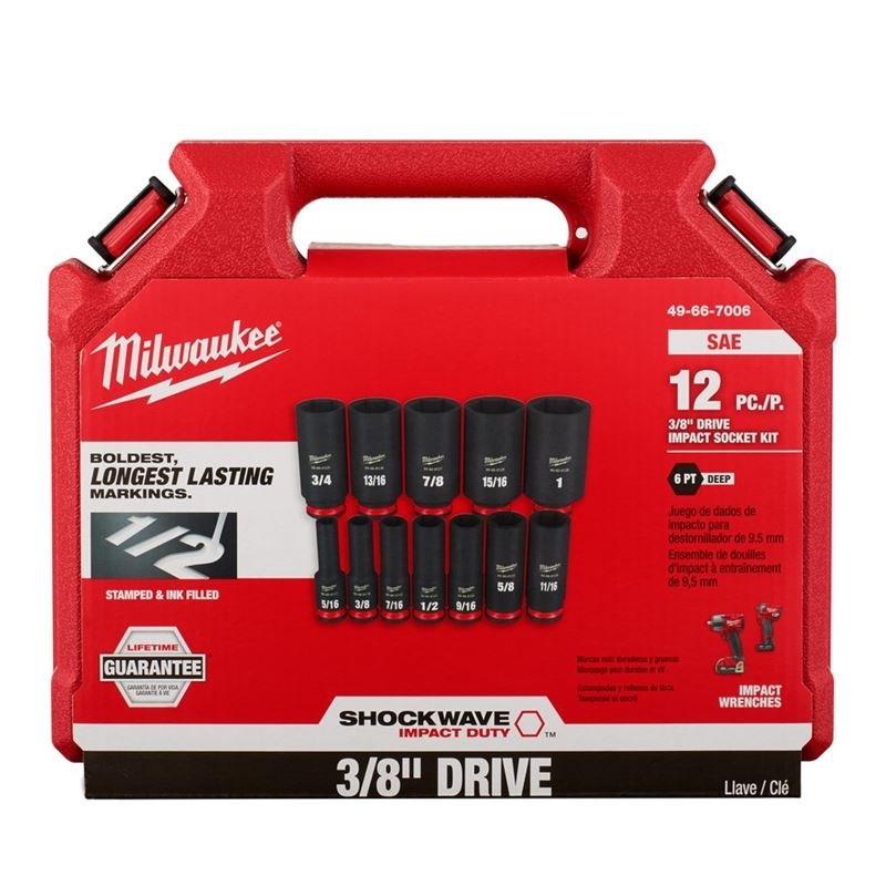Milwaukee 49 - 66 - 7006 12PC SHOCKWAVE Impact Duty 3/8in Drive SAE Deep 6 Point Socket Set - Mississauga Hardware Centre Inc
