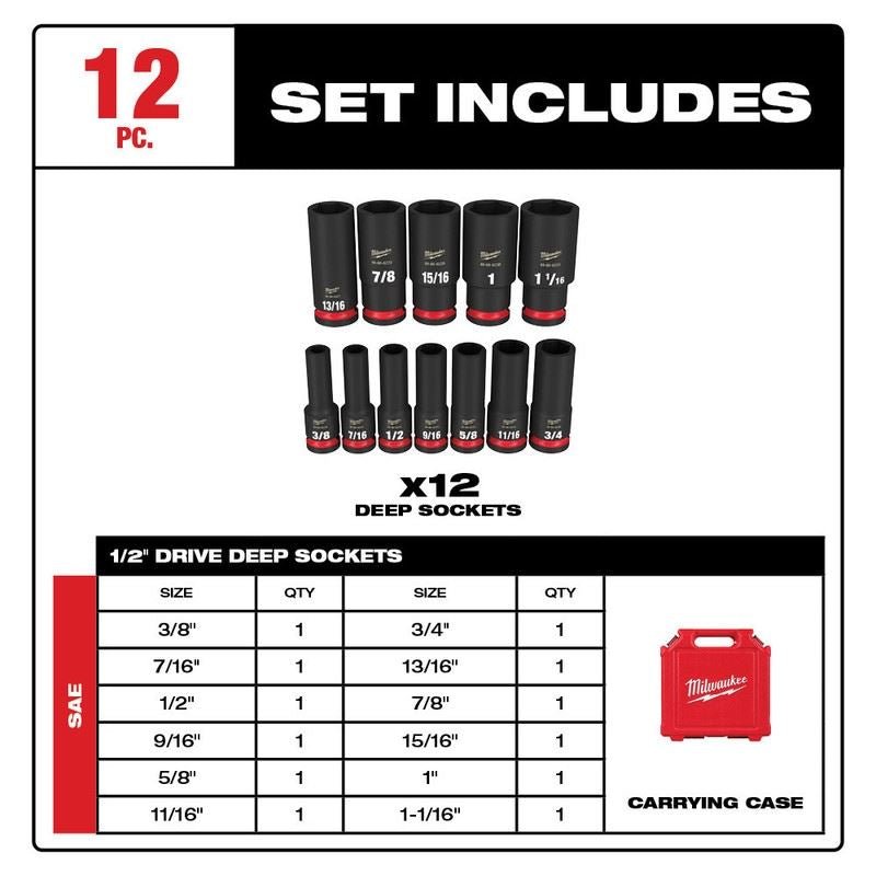 Milwaukee 49 - 66 - 7011 12PC SHOCKWAVE Impact Duty 1/2in Drive SAE Deep 6 Point Socket Set - Mississauga Hardware Centre Inc