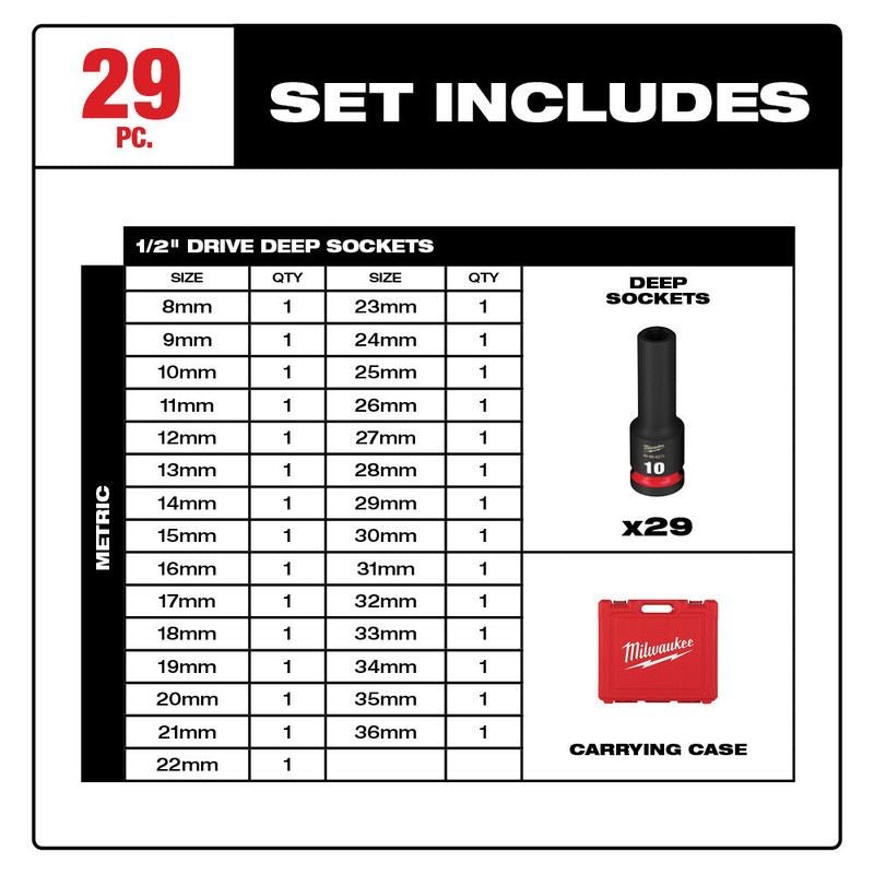 Milwaukee 49 - 66 - 7015 29PC SHOCKWAVE Impact Duty 1/2in Drive Metric Deep 6 Point Socket Set - Mississauga Hardware Centre Inc