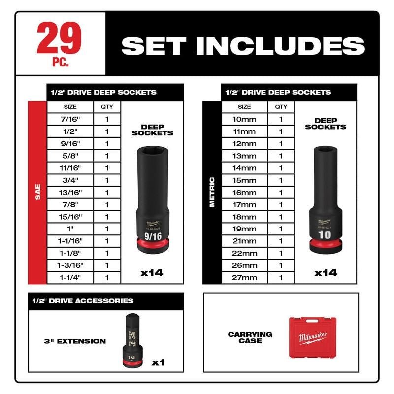 Milwaukee 49 - 66 - 7016 29PC SHOCKWAVE Impact Duty 1/2in Drive SAE & Metric Deep 6 Point Socket Set - Mississauga Hardware Centre Inc