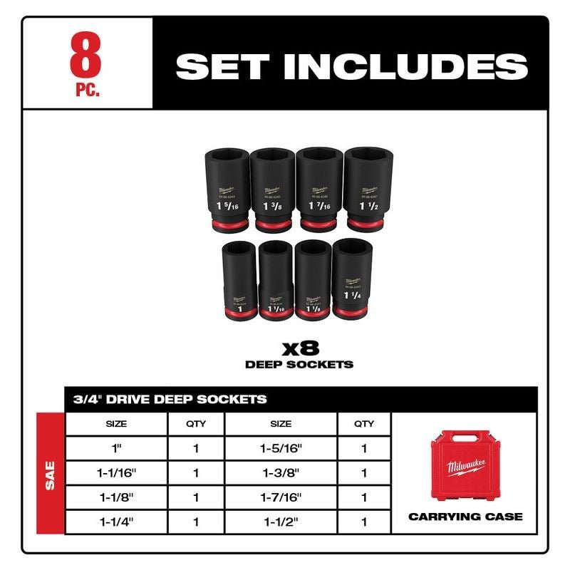 Milwaukee 49 - 66 - 7018 8PC SHOCKWAVE Impact Duty 3/4in Drive SAE Deep 6 Point Socket Set - Mississauga Hardware Centre Inc