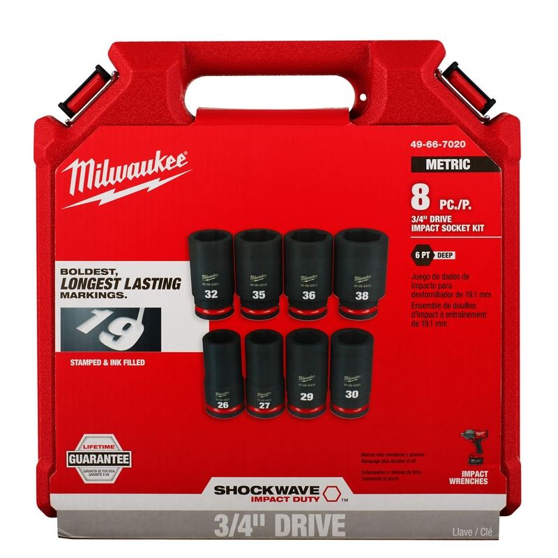 Milwaukee 49 - 66 - 7020 8PC SHOCKWAVE Impact Duty 3/4in Drive Metric Deep 6 Point Socket Set - Mississauga Hardware Centre Inc