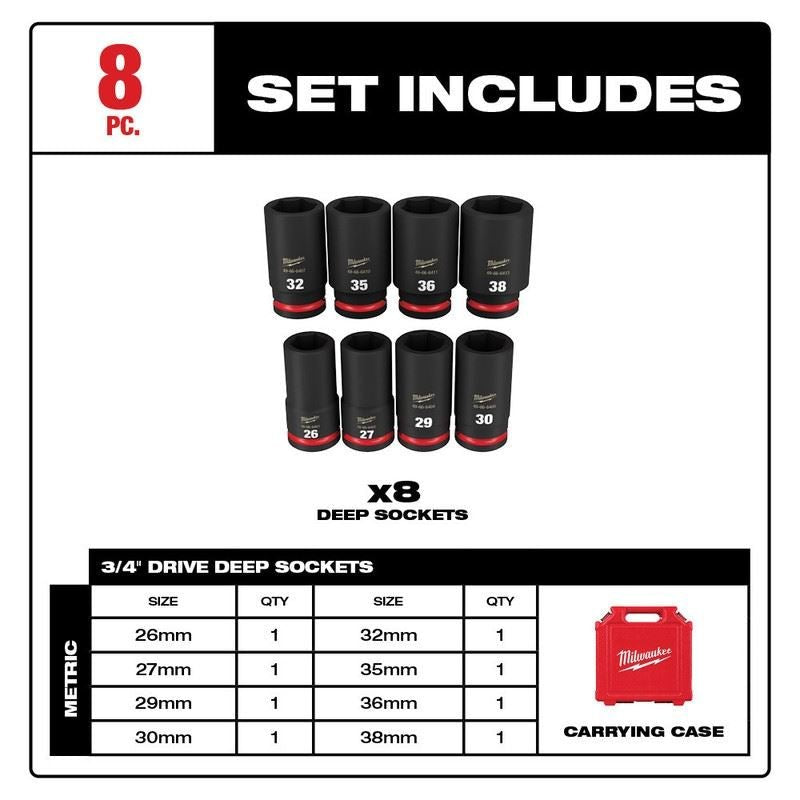 Milwaukee 49 - 66 - 7020 8PC SHOCKWAVE Impact Duty 3/4in Drive Metric Deep 6 Point Socket Set - Mississauga Hardware Centre Inc