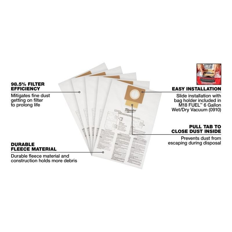 Milwaukee 49 - 90 - 1979 Fleece Dust Bags (5PK) - 6 Gallon - Mississauga Hardware Centre Inc
