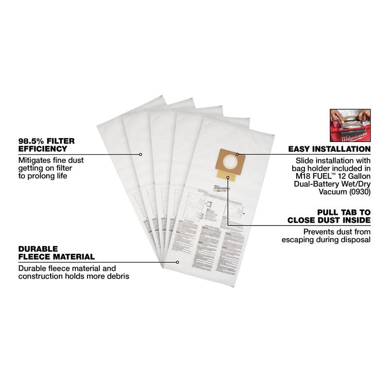 Milwaukee 49 - 90 - 1999 Fleece Dust Bags (5PK) - 12 Gallon - Mississauga Hardware Centre Inc