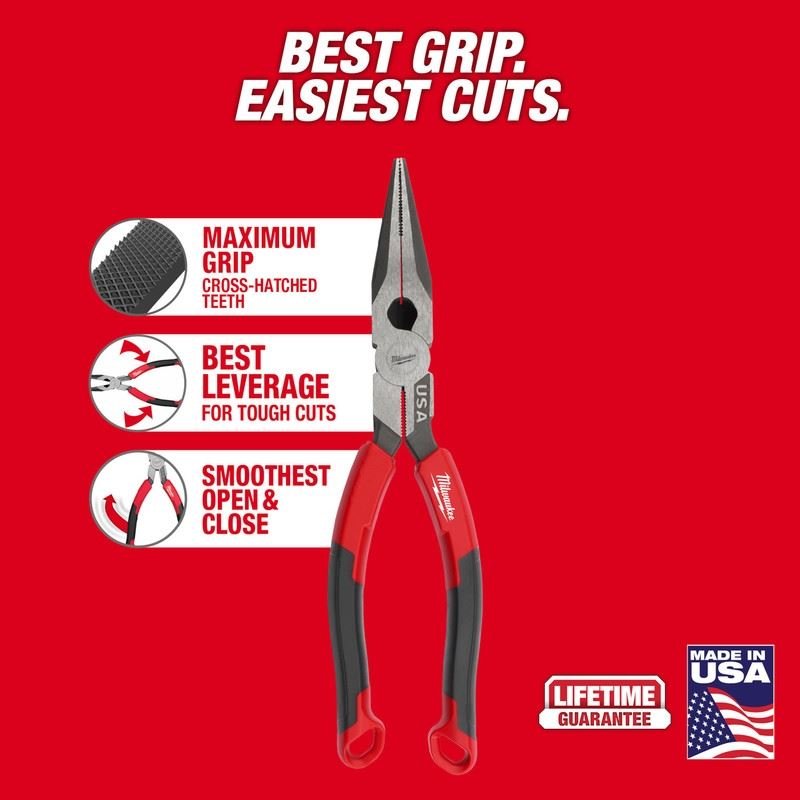 Milwaukee MT555 8in Long Nose Comfort Grip Pliers (USA) - Mississauga Hardware Centre Inc