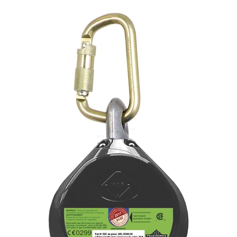 Peakworks V845533020LE 20ft Leading Edge SRL w 3/16in Galv. Stl Cable - Al. Hsing - Type 2 - Snap Hook - Mississauga Hardware Centre Inc