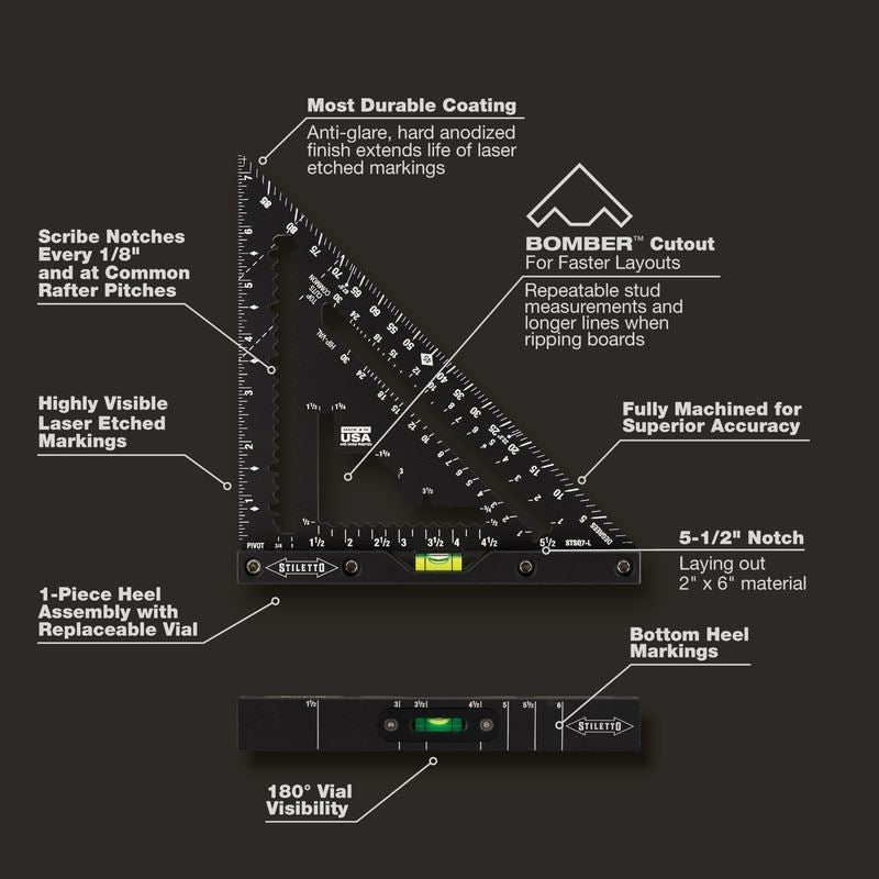 STILETTO STSQ7 - L 7in Carpenter Square with Level - Mississauga Hardware Centre Inc