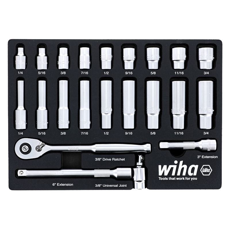 WIHA 33796 22 Piece 3/8†Drive Professional Standard and Deep Socket Tray Set - SAE - Mississauga Hardware Centre Inc