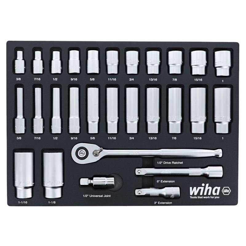 WIHA 33896 28 Piece 1/2†Drive Professional Standard and Deep Socket Tray Set - SAE - Mississauga Hardware Centre Inc