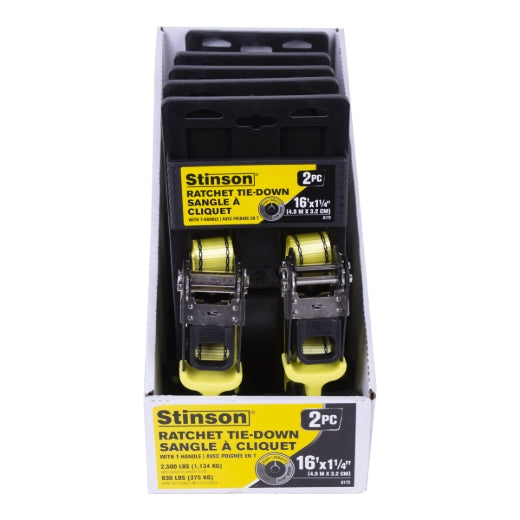 Stinson Cargo 406172 2PK Tie Down Ratchet Strap T-Handles+J-Hooks 1¼in x 16ft 830lb