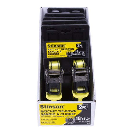 Stinson Cargo 406172 2PK Tie Down Ratchet Strap T-Handles+J-Hooks 1¼in x 16ft 830lb
