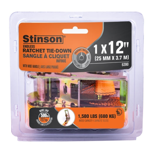 Stinson Cargo 406390 Tie Down Ratchet Strap With S-Hooks 1in x 12ft 500lb