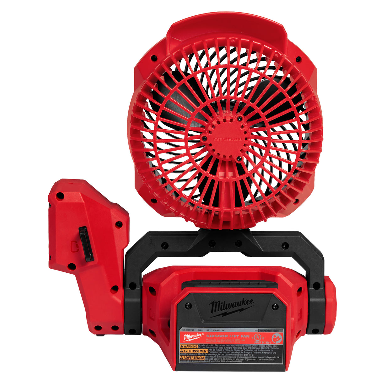 Red Milwaukee cordless drill and fan on a white background