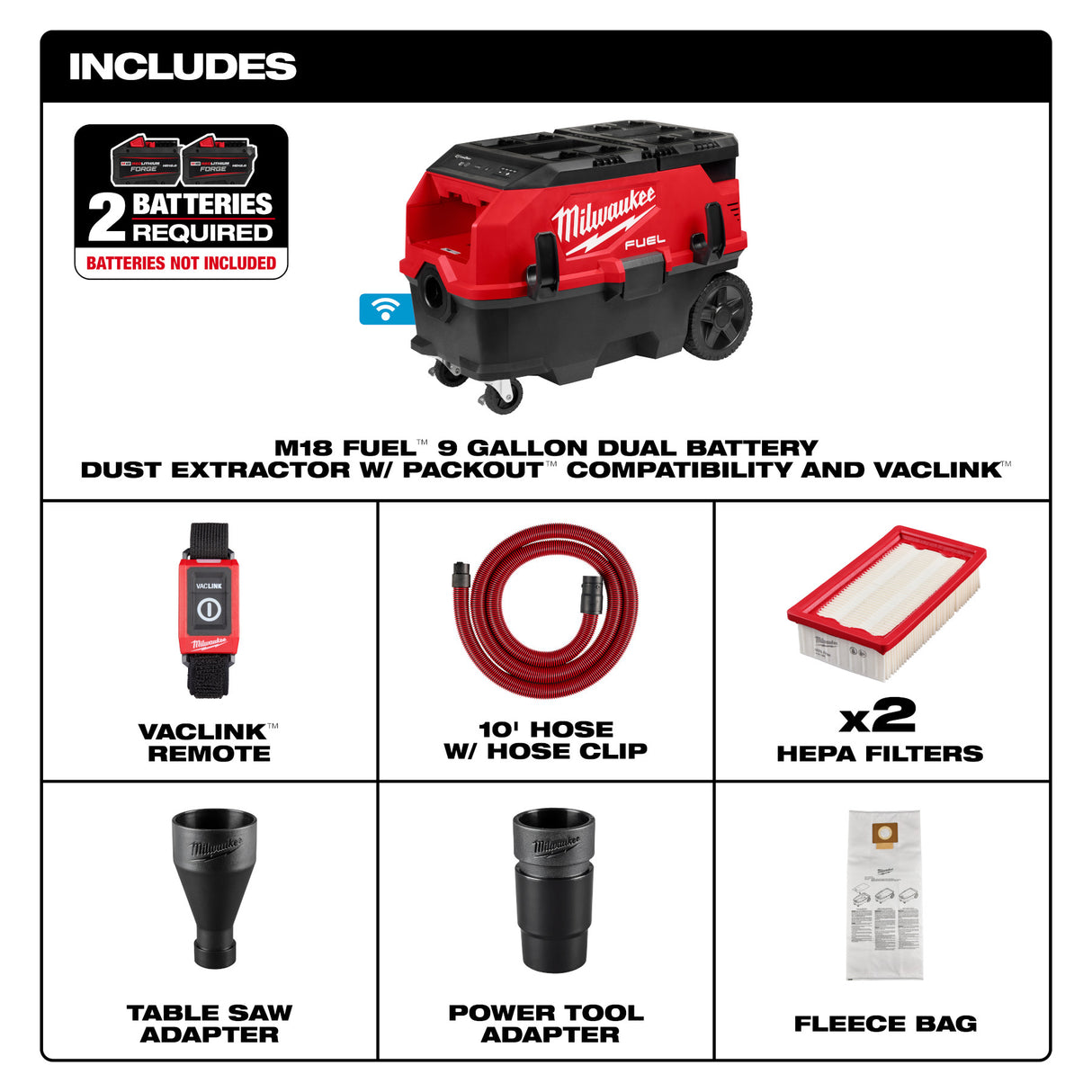 Milwaukee 0888-20 M18 FUEL™ 9 Gallon Dual Battery Dust Extractor with VACLINK™