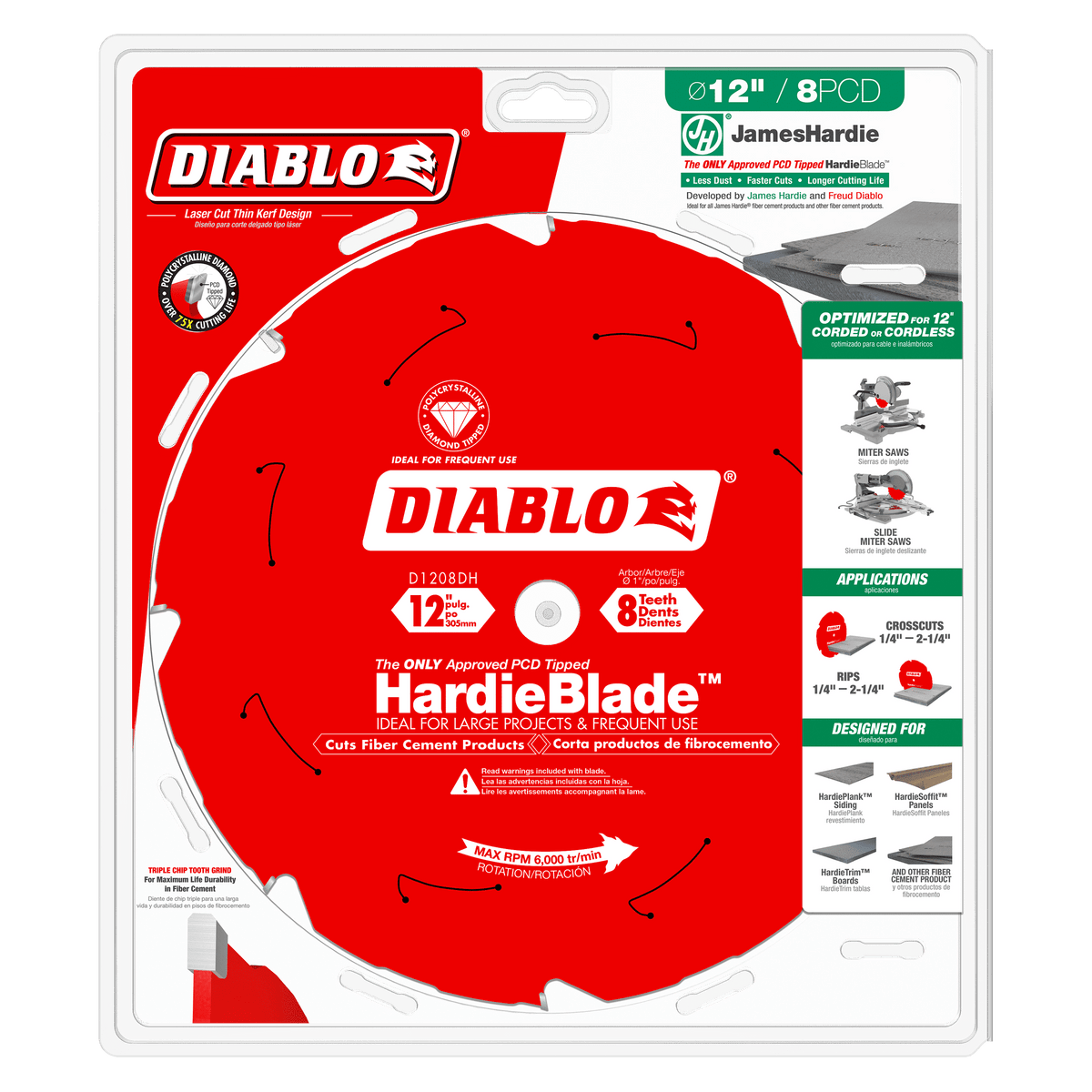 DIABLO D1208DHC 12" x 8-Teeth HardieBlade™ Saw Blade for Fiber Cement