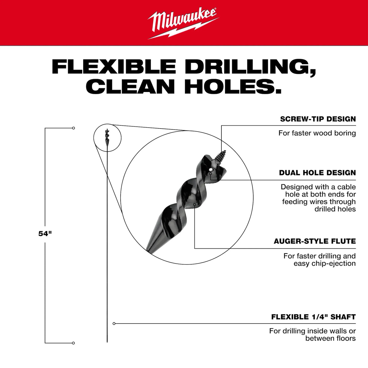 Milwaukee 48-13-8275 3/4” x 54" Flexible Cable Auger Bit