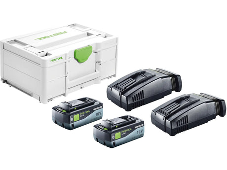 Festool battery packs and toolbox on a white background