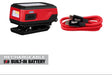 Red and black rechargeable light with cable on a white background