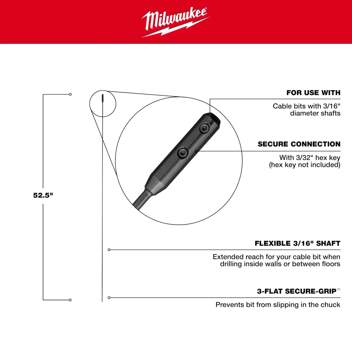Milwaukee 48-13-8118 3/16” x 52.5" Flexible Cable Bit Extension