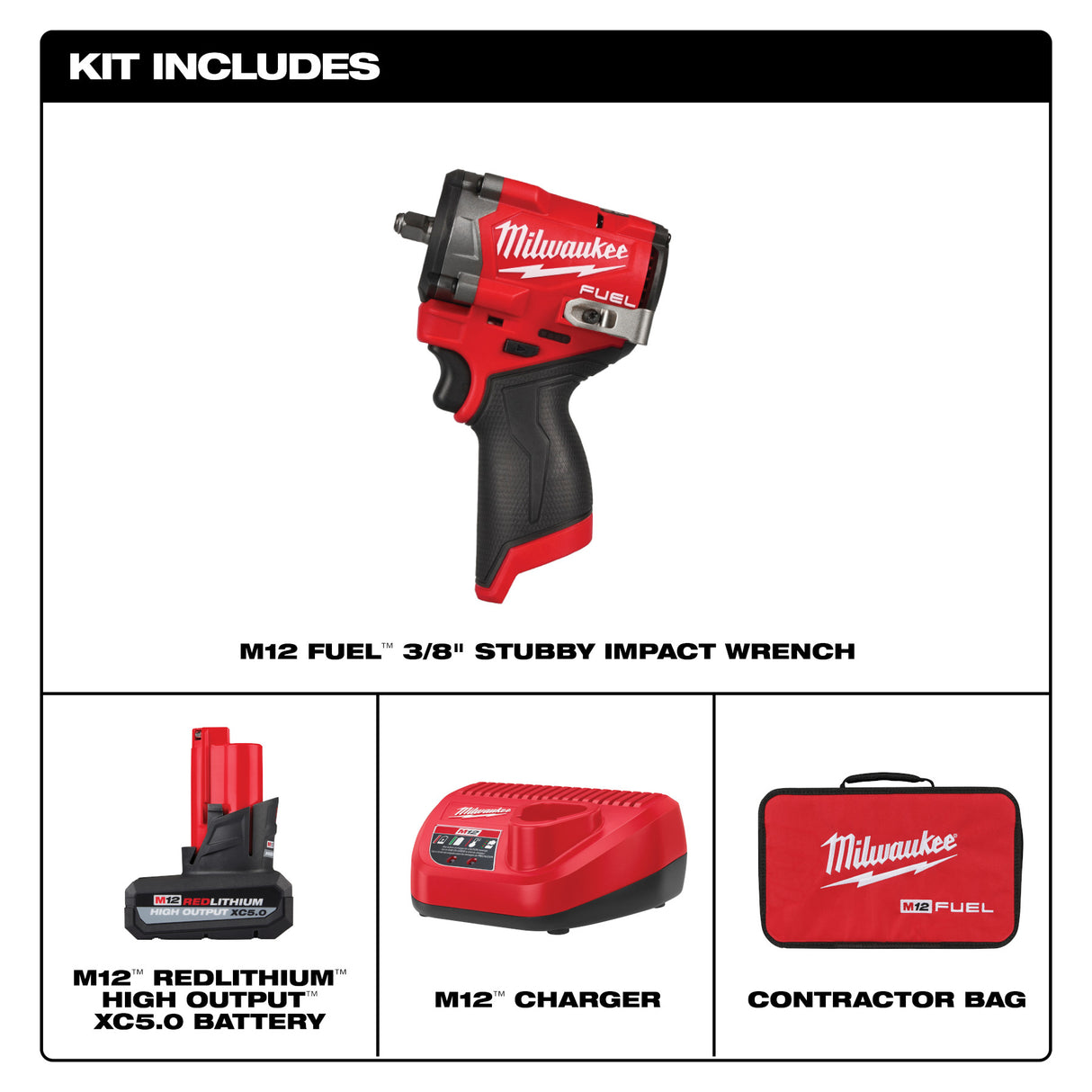 Milwaukee 2562-21 M12 FUEL™ Stubby 3/8" Impact Wrench Kit