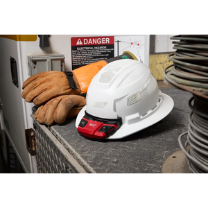 Milwaukee 48-73-2895 detector mounted on hard hat with work gloves