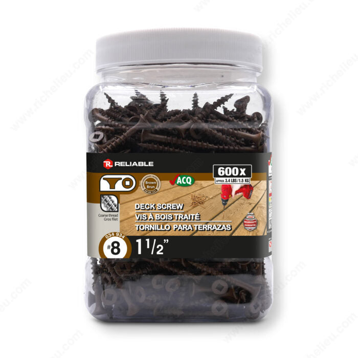 RELIABLE 8 x 1-1/2" Brown Treated Wood Screw, Bugle Head, Square Drive, Coarse Thread - 600pcs