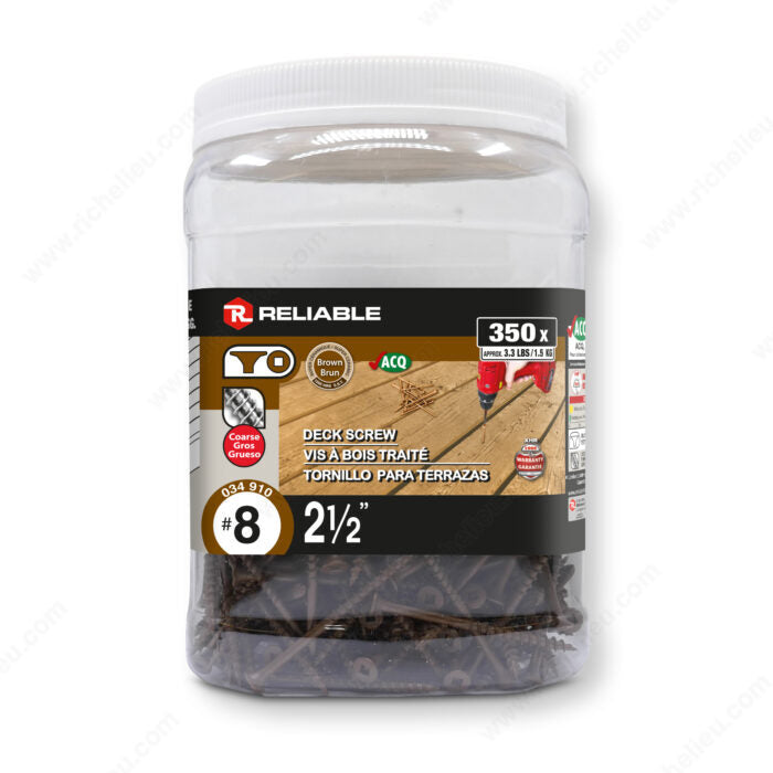 RELIABLE 8 x 2-1/2" Brown Treated Wood Screw, Bugle Head, Square Drive, Coarse Thread - 350pcs