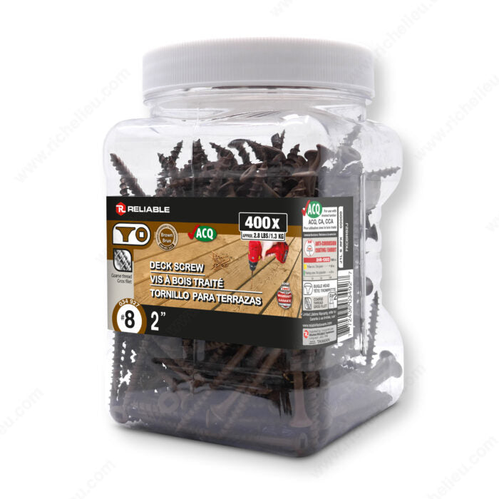 RELIABLE 8 x 2" Brown Treated Wood Screw, Bugle Head, Square Drive, Coarse Thread - 400pcs