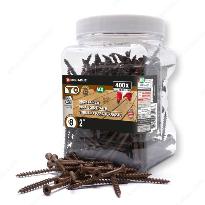 RELIABLE 8 x 2" Brown Treated Wood Screw, Bugle Head, Square Drive, Coarse Thread - 400pcs