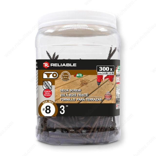 RELIABLE 8 x 3" Brown Treated Wood Screw, Bugle Head, Square Drive, Coarse Thread - 300pcs
