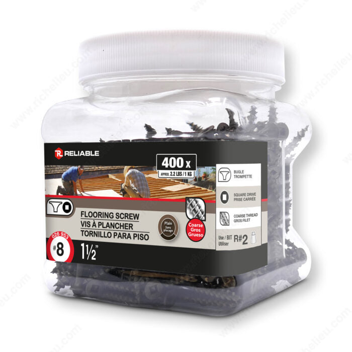RELIABLE 8 x 1-1/2" Plain Floor Screws , Bugle Head, Square Drive, Coarse Thread - 400pcs