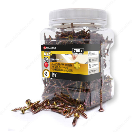 RELIABLE 8 x 1-1/4" Yellow Zinc All Purpose Construction Screw - 700pcs