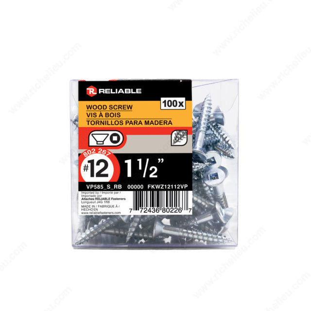 RELIABLE 12 x 1-1/2" Flat Head Wood Screw - 100pcs
