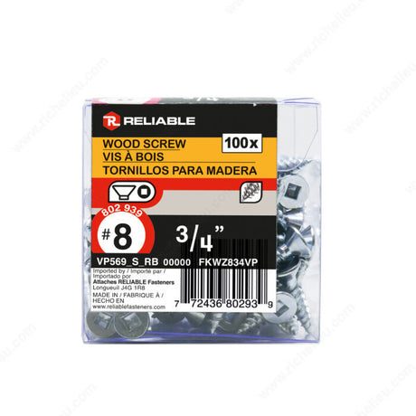 RELIABLE 8 x 3/4" Flat Head Wood Screw - 100pcs