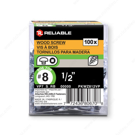 RELIABLE 8 x 1/2" Pan Head Wood Screw