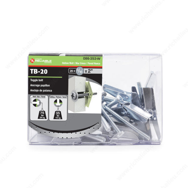 RELIABLE 3/16 x 2" Toggle Bolts - 20pcs