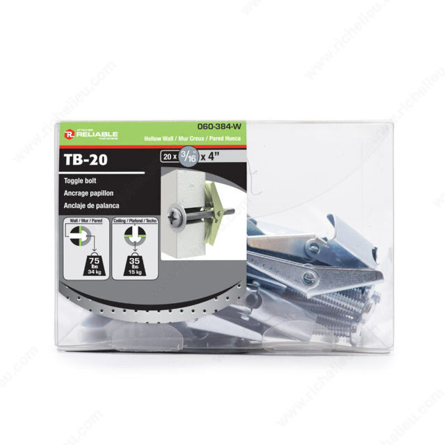 RELIABLE 3/16 x 4" Toggle Bolts - 20pcs