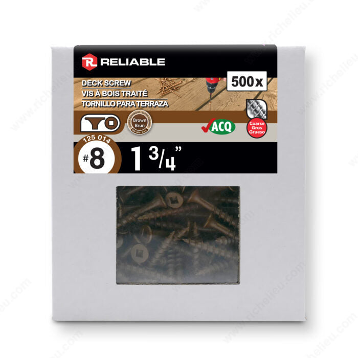 RELAIBLE 8 x 1-3/4" Brown Treated Wood Screw, Bugle Head, Square Drive, Coarse Thread - 500pcs