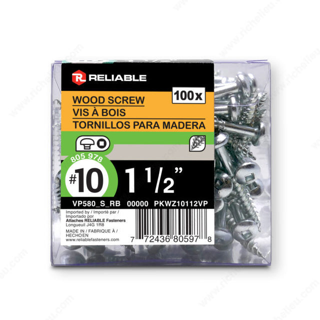 RELIABLE 10 x 1-1/2" Pan Head Wood Screw