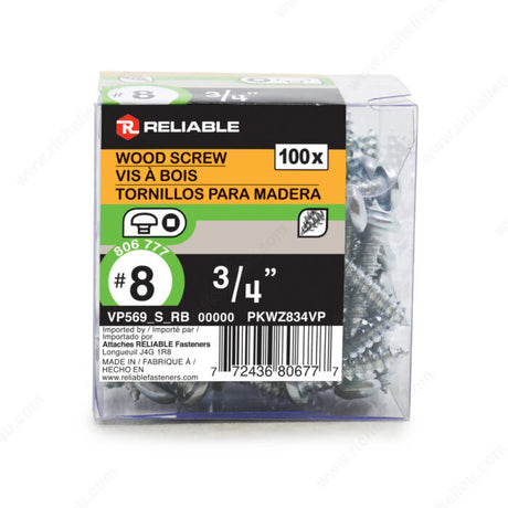 RELIABLE 8 x 3/4" Pan Head Wood Screw